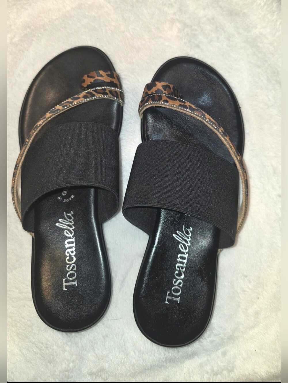 Toscanella, Black Slide Sandals with Leopard Accent With Rhinestones- Size 7